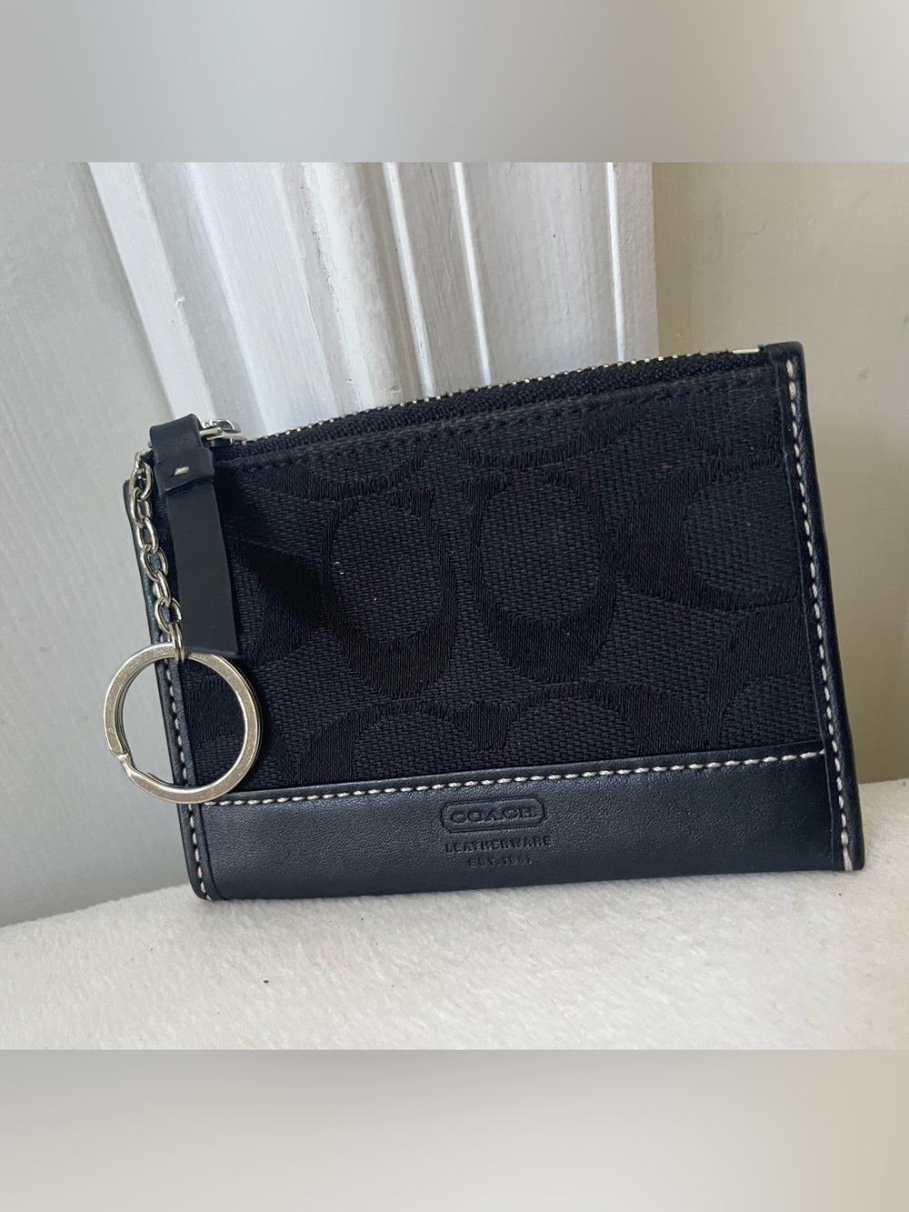 Coach Black Signature Canvas Card Case with Key Ring